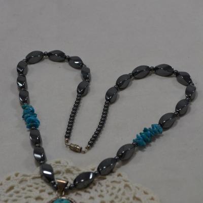 Heavy 925 Sterling & Turquoise Necklace w/ Hematite 26" 101.3g