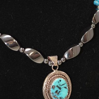 Heavy 925 Sterling & Turquoise Necklace w/ Hematite 26" 101.3g