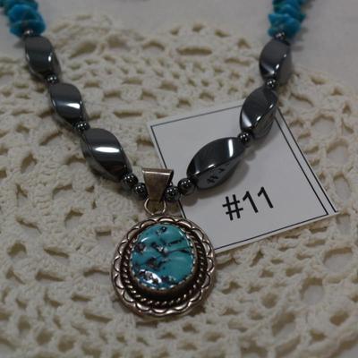 Heavy 925 Sterling & Turquoise Necklace w/ Hematite 26" 101.3g