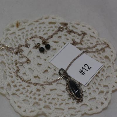 925 Sterling Chain w/ 925 Onyx Pendant + Matching 925 Studs 8.8g