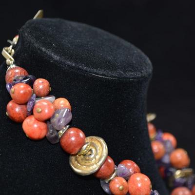 Rita Frascione Tumbled Amethyst & Jasper Heavy Beaded Necklace 18" 185.3g
