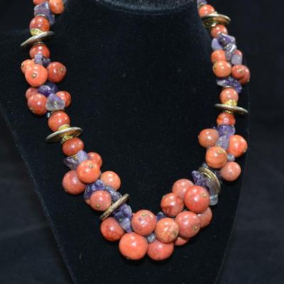 Rita Frascione Tumbled Amethyst & Jasper Heavy Beaded Necklace 18" 185.3g