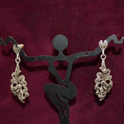 925 Sterling & Marcasite Drop Earrings 4.9g