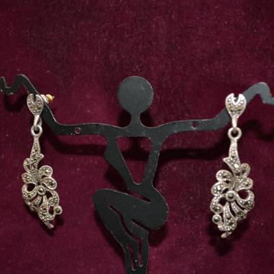 925 Sterling & Marcasite Drop Earrings 4.9g