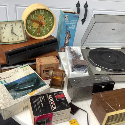 Electronics- Technics turntable, Canon BJC-70, Radio Shack Statue of Liberty AM radio, Dixon Enduro pencil sharpener in amber, Sony...