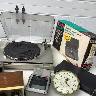 Electronics- Technics turntable, Canon BJC-70, Radio Shack Statue of Liberty AM radio, Dixon Enduro pencil sharpener in amber, Sony...