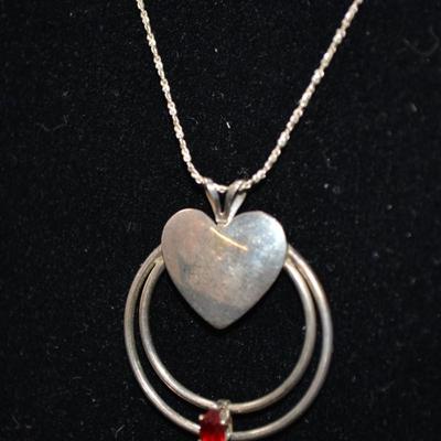 925 Sterling Chain & Heart Pendant w/ Garnet 18.5" 3.2g
