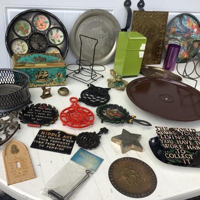 Vintage metal set- trivets, metal signs, wine bottle holders, Lazy-Susan, cigar box, cute metal refrigerator 8"H 4"L...
