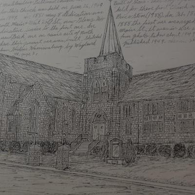 Print of Pencil Sketch Muhlenberg Lutheran Church, Harrisonburg VA 1988 13"X11"