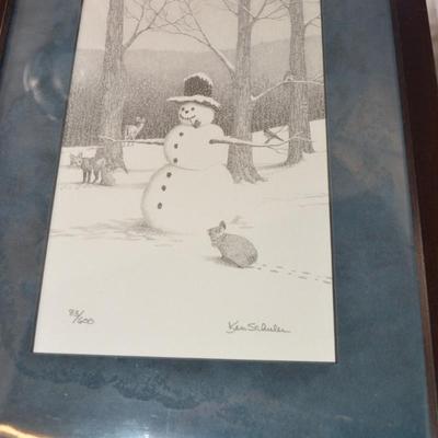 Set of 2 Ken Schuler Snowman Prints 180/600 83/600 Framed & Matted