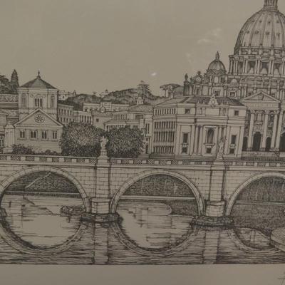 1990's Vatican St. Peters Basilica, Tiber River Framed Print 12/100 Signed
