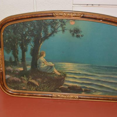 Antique Art Deco Moon & Sea Print Great Frame