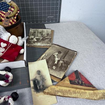 Tray of Vintage Items, Bells, Photo, Paper Hat and Cat