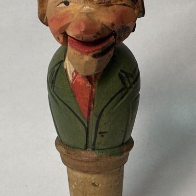  Vintage ANRI HAND CARVED WOOD MECHANICAL BOTTLE STOPPER 