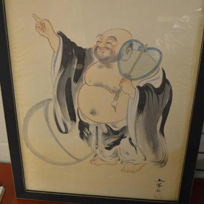 Shunho Brush, Hotei Drawing on Silk Framed 26"X20"