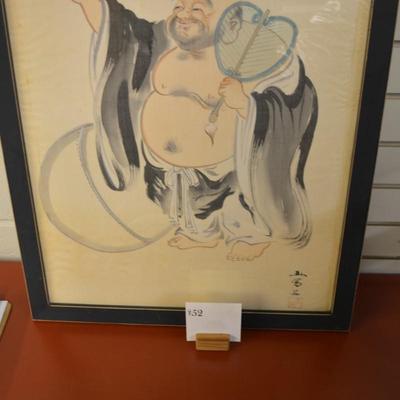 Shunho Brush, Hotei Drawing on Silk Framed 26"X20"