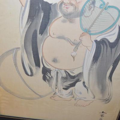 Shunho Brush, Hotei Drawing on Silk Framed 26"X20"