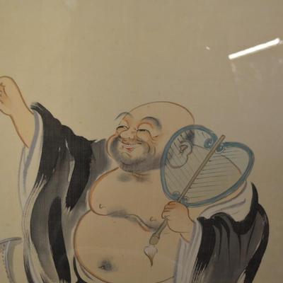 Shunho Brush, Hotei Drawing on Silk Framed 26"X20"
