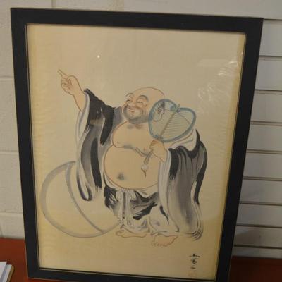 Shunho Brush, Hotei Drawing on Silk Framed 26"X20"