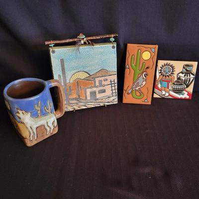Decorative Pottery Art Tiles and a Signed Coffee Cup (K-DW)