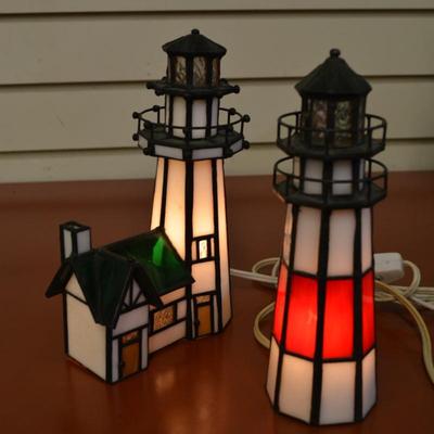 Lot of 2 Stained Glass Lighthouse Night Lights