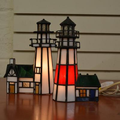 Lot of 2 Stained Glass Lighthouse Night Lights