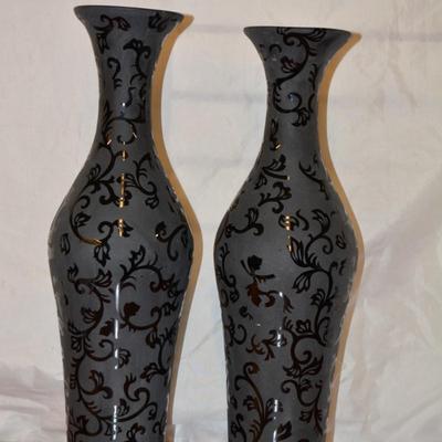 Etched Black Glass Matching Vases 19.5