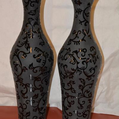 Etched Black Glass Matching Vases 19.5