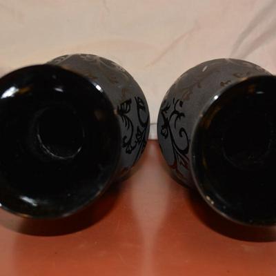 Etched Black Glass Matching Vases 19.5