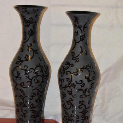 Etched Black Glass Matching Vases 19.5