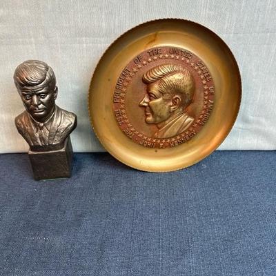 Lot 46, JFK metal plated bust 8 1/2 inches tall and JFK metal plate 10 inches