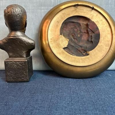 Lot 46, JFK metal plated bust 8 1/2 inches tall and JFK metal plate 10 inches