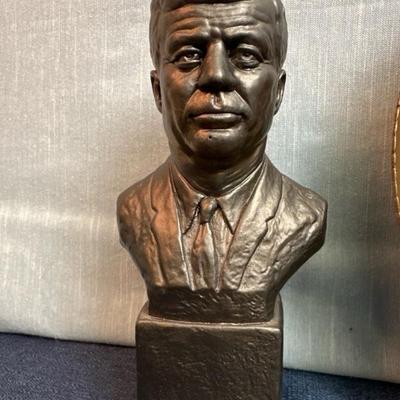 Lot 46, JFK metal plated bust 8 1/2 inches tall and JFK metal plate 10 inches