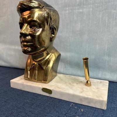 Lot 47 JFK desk set with metal bust 7 1/2 inches tall and marble base 9 inches across