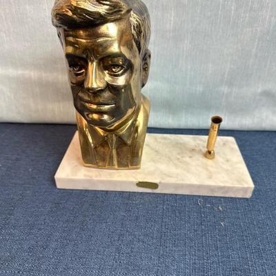 Lot 47 JFK desk set with metal bust 7 1/2 inches tall and marble base 9 inches across