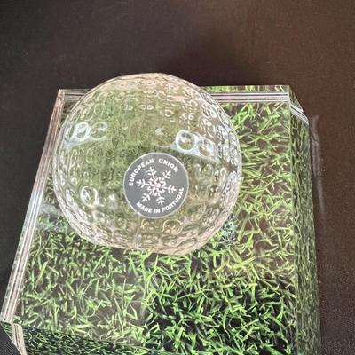 NIB Crystal Steuben Glass Gold Ball, Tee, Stand