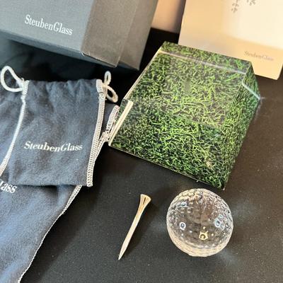 NIB Crystal Steuben Glass Gold Ball, Tee, Stand