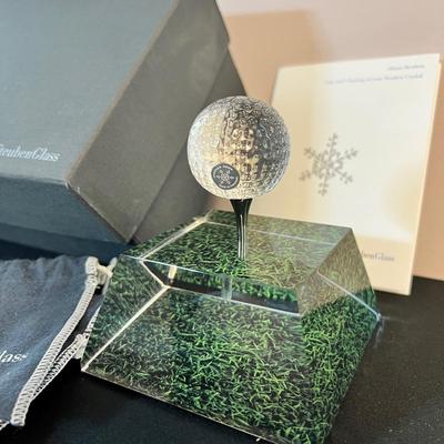 NIB Crystal Steuben Glass Gold Ball, Tee, Stand