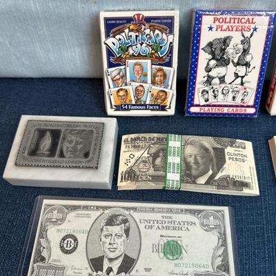 Lot 48, political, playing cards, JFK presidential library, dry snow, globe, novelty, bills, JFK paperweight