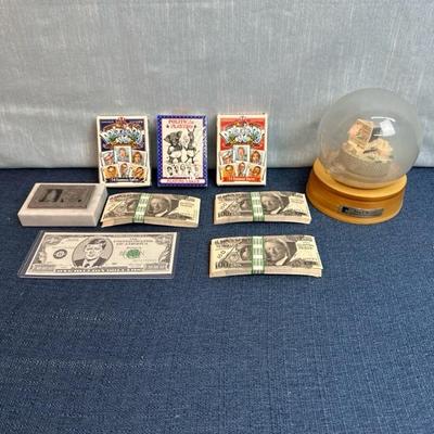 Lot 48, political, playing cards, JFK presidential library, dry snow, globe, novelty, bills, JFK paperweight