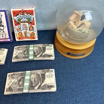 Lot 48, political, playing cards, JFK presidential library, dry snow, globe, novelty, bills, JFK paperweight