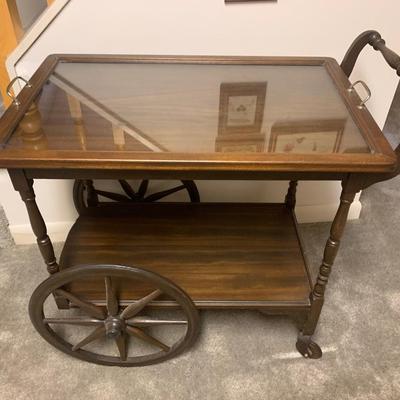 Wood Tea Cart w/ Glass Serving Tray
