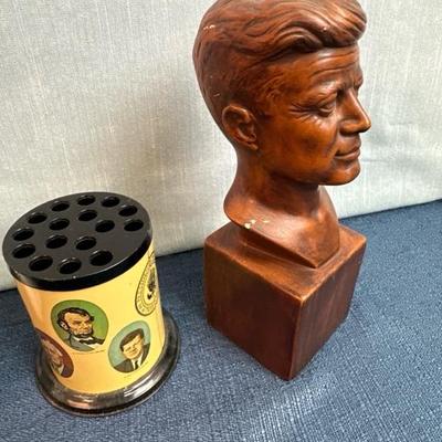 Lot 50 Kennedy items, ceramic bust 7 1/2 inches tall, metal pin holder, mug, and dish
