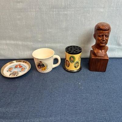 Lot 50 Kennedy items, ceramic bust 7 1/2 inches tall, metal pin holder, mug, and dish