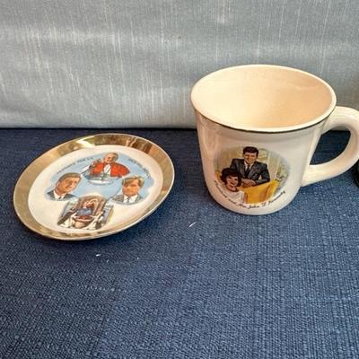 Lot 50 Kennedy items, ceramic bust 7 1/2 inches tall, metal pin holder, mug, and dish