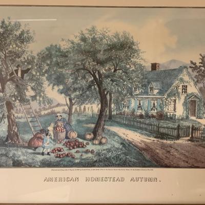 Homestead In Fall - Currier & Ives Framed Vintage Print