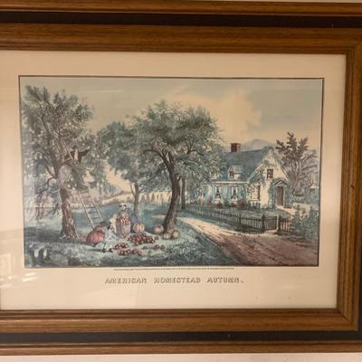 Homestead In Fall - Currier & Ives Framed Vintage Print