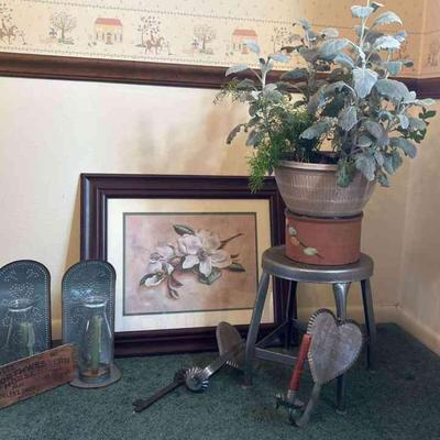Antique Corner Decor Lot: Punched Tin Candle Holders, Stole, Healthy Plant And Ceramic Planter, 25 1/2x22 Magnolia Still Life, Erin Dertner