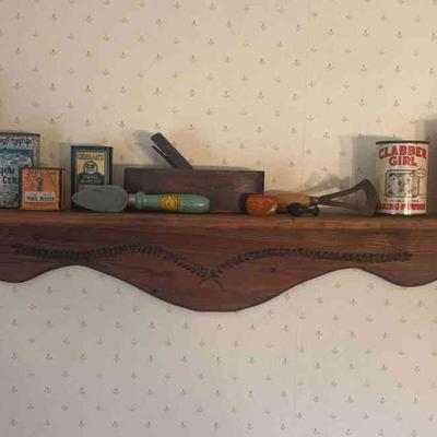 Antique Shelf, Wooden Mortar And Pestle, Antique Turmeric, Postum Cereal, Jointite Bottle Caps, Crystolon Knife Sharpener And More