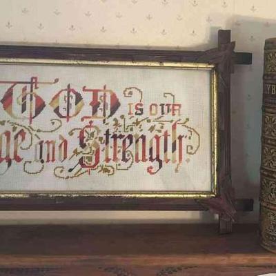 1878 Illustrated Holy Bible With Completed Geneology, Antique Crossstitch â€œGod Is Our Refuge And Strengthâ€, Antique Wooden Frame,...